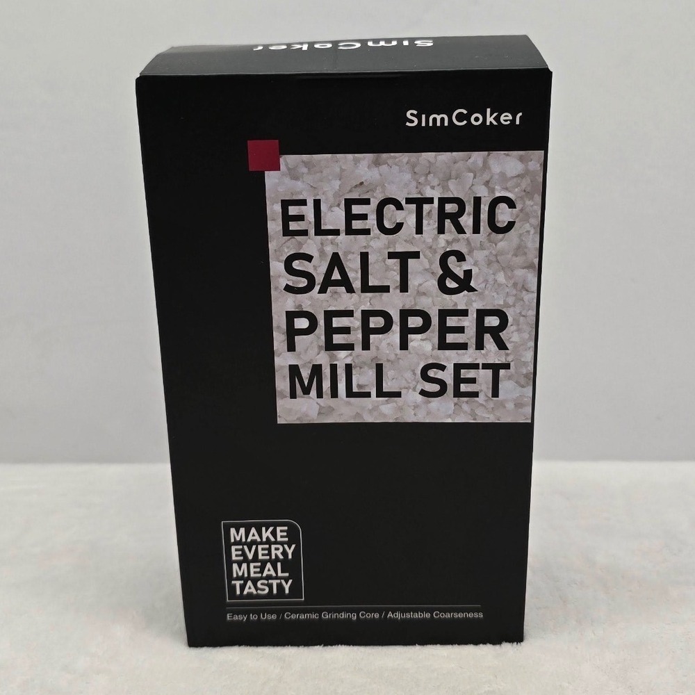 SimCoker Electric Salt and Pepper Mill Set Adjustable Coarseness Silver NEW